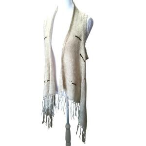 Y2K Boho knit oversized cardigan vest fringe & cream slouchy asymmetrical sz S